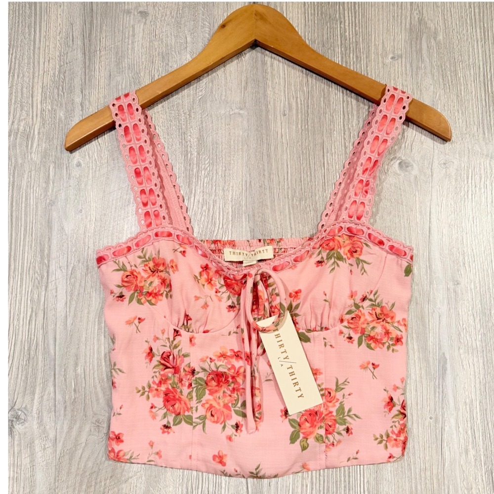 Bustier Corset Crop Top Pink Rose Floral Lace‎ Ribbon Straps Feminine Coquette